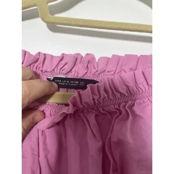 Zara Crop Top Shirt Womens Small Pink Short Sleeve Smocked Off The Shoulder - Picture 3 of 5